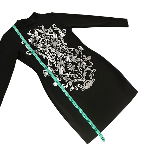 Forever 21 Black & Silver Metallic Filagree Long Sleeve Midi Dress - Size Medium - Picture 11 of 16